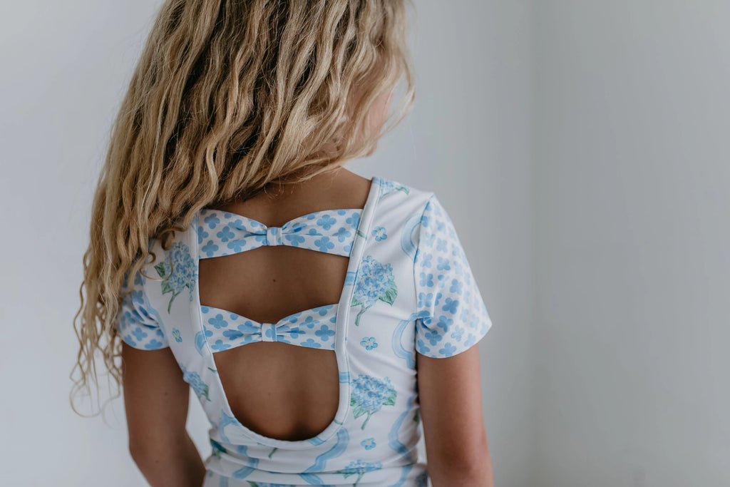 Kids Blue Floral Coquette Shortie Ballet Dance Leotard