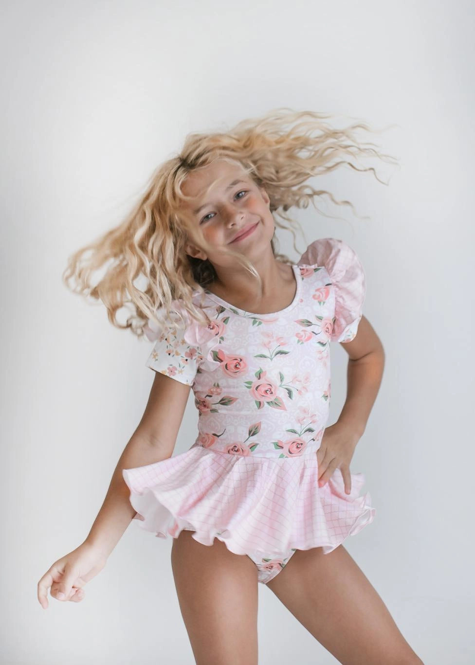 Kids Pale Pink Rose Dance Gymnastics Skirted Twirl Leotard
