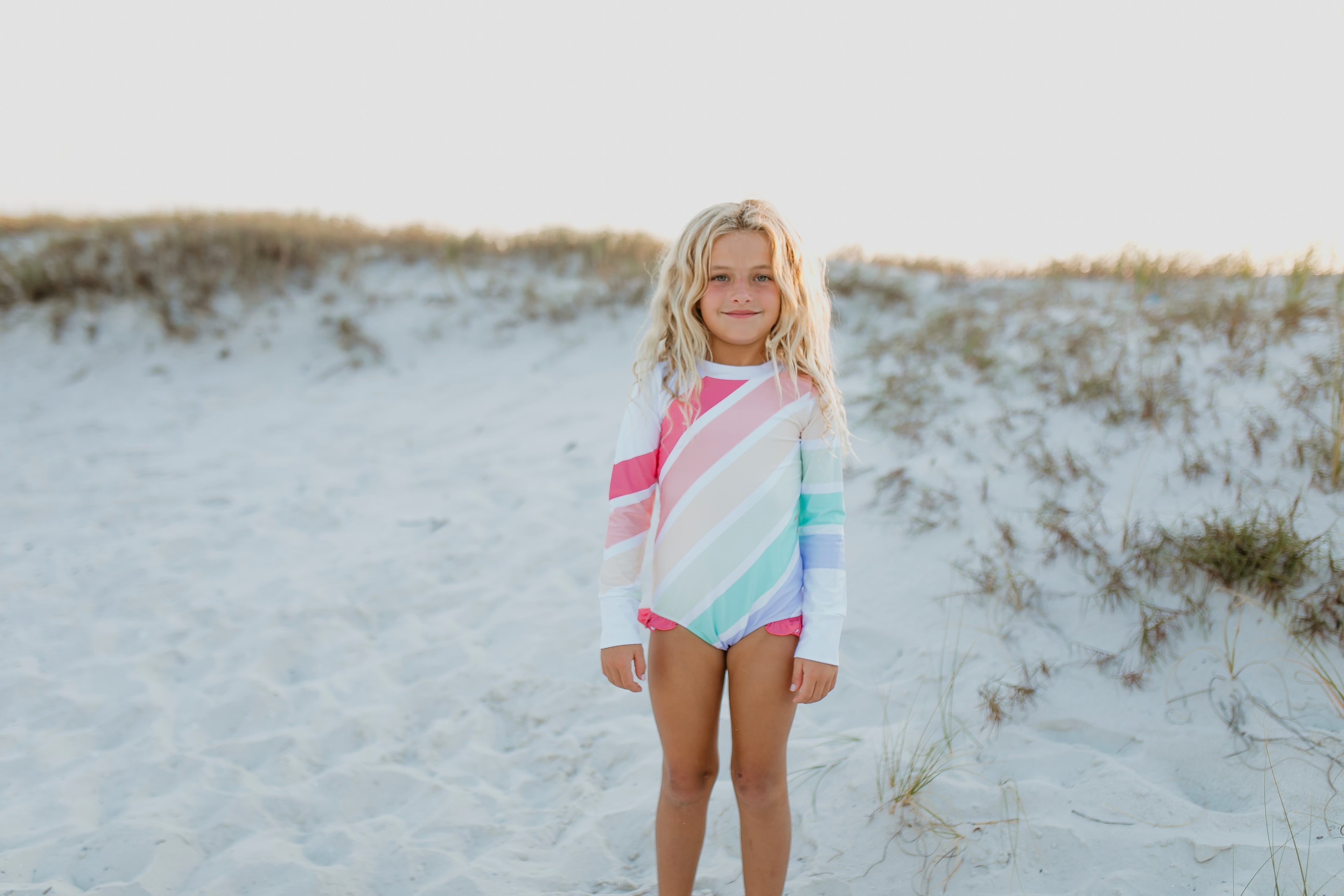 Kids Pastel Rainbow Stripe Zip Rash Guard Swimsuit