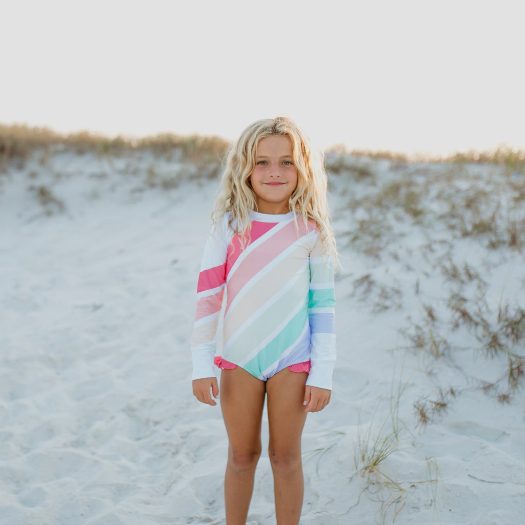 Kids Pastel Rainbow Stripe Zip Rash Guard Swimsuit