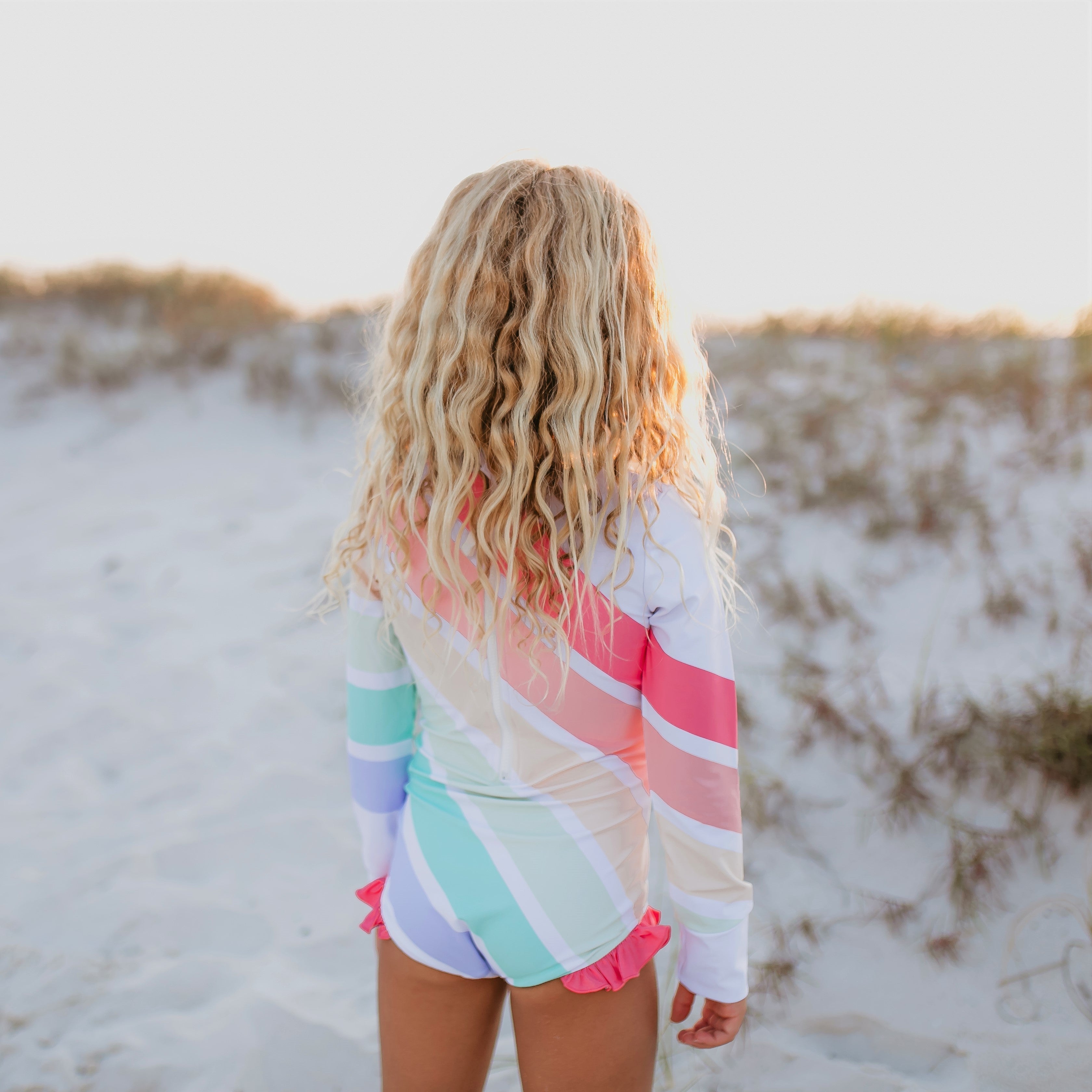 Kids Pastel Rainbow Stripe Zip Rash Guard Swimsuit