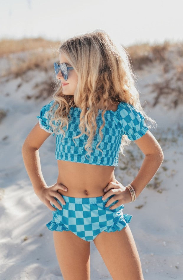 Kids Check Ruched 2 Piece Swimsuit