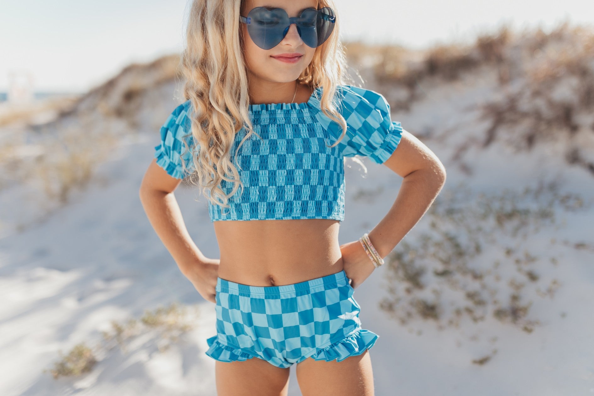 Kids Check Ruched 2 Piece Swimsuit