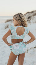 Kids Mint Floral Open Back One Piece Swimsuit