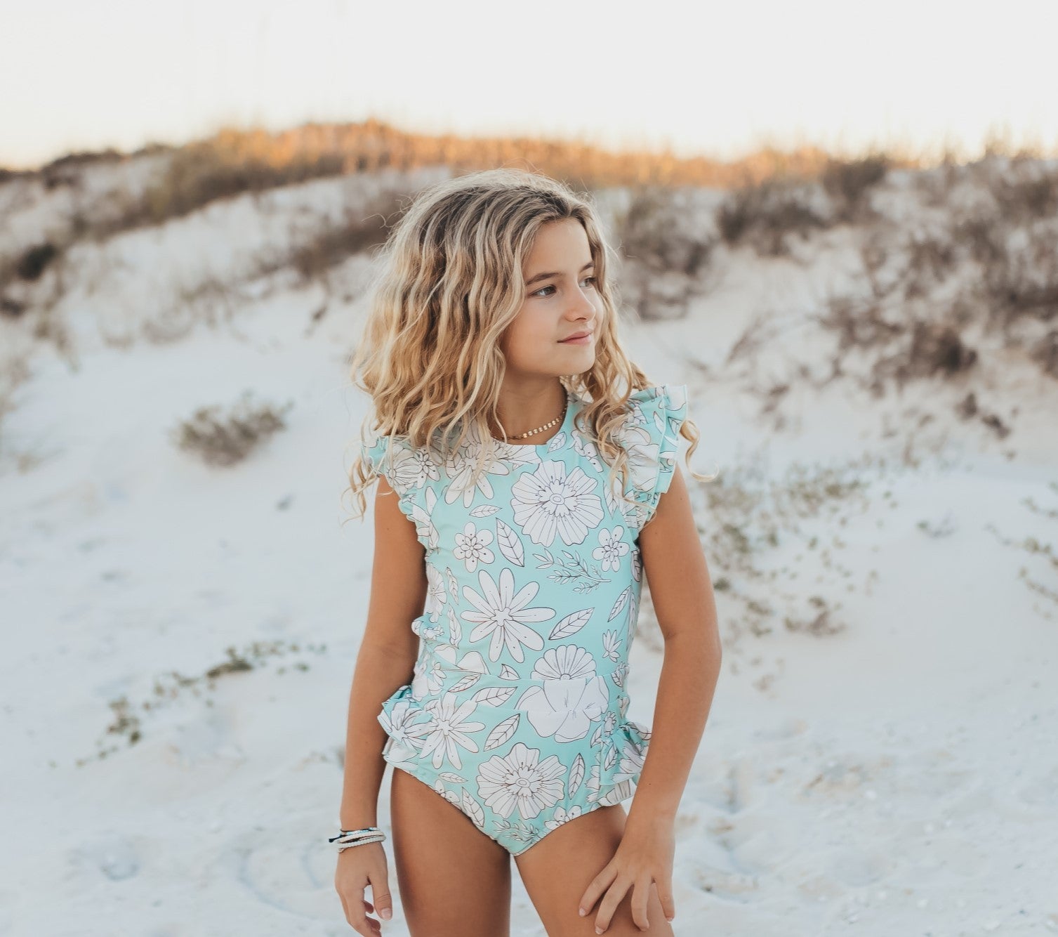 Kids Mint Floral Open Back One Piece Swimsuit