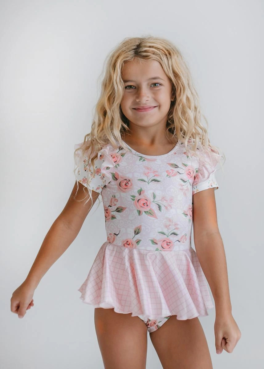 Kids Pale Pink Rose Dance Gymnastics Skirted Twirl Leotard