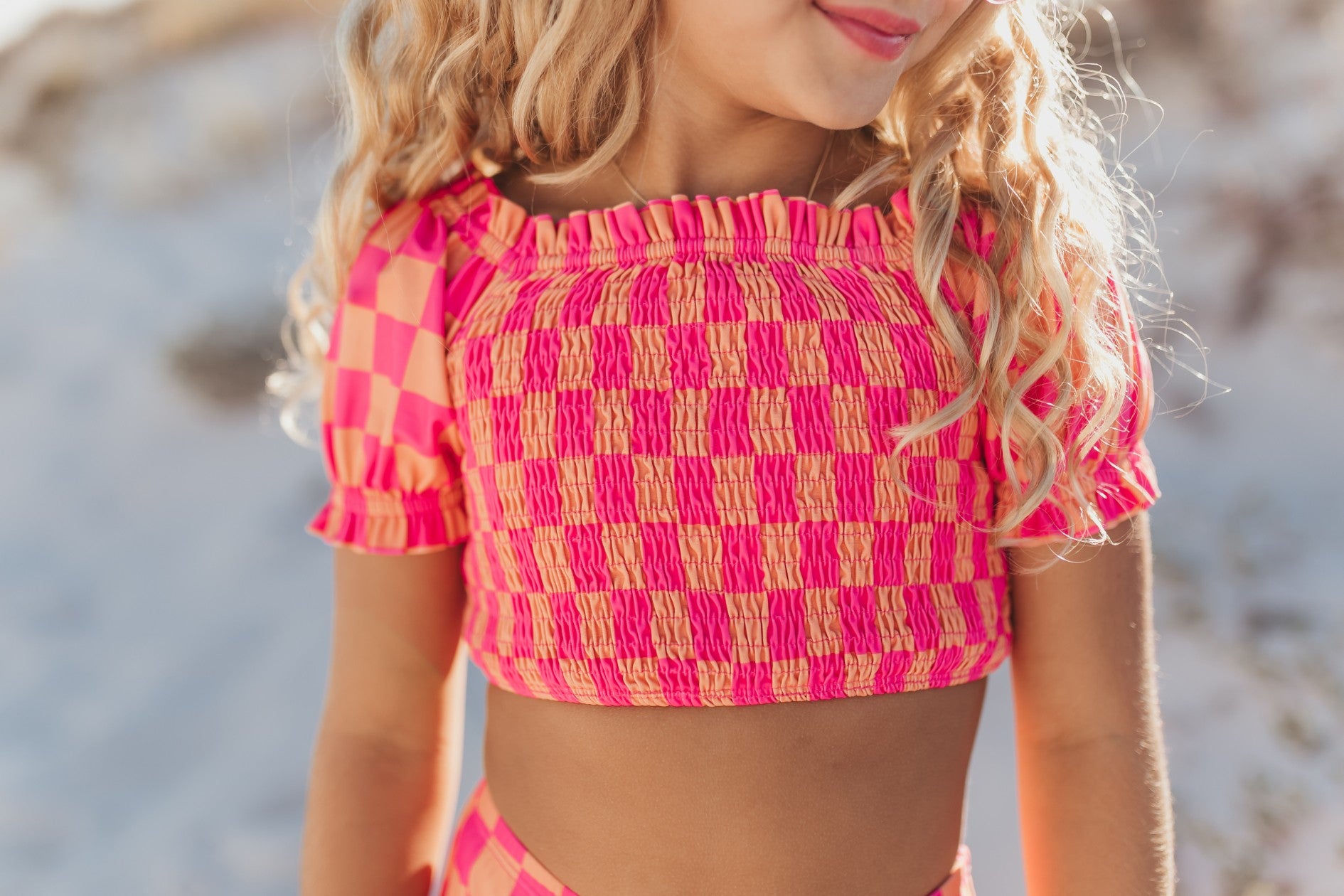 Kids Check Ruched 2 Piece Swimsuit