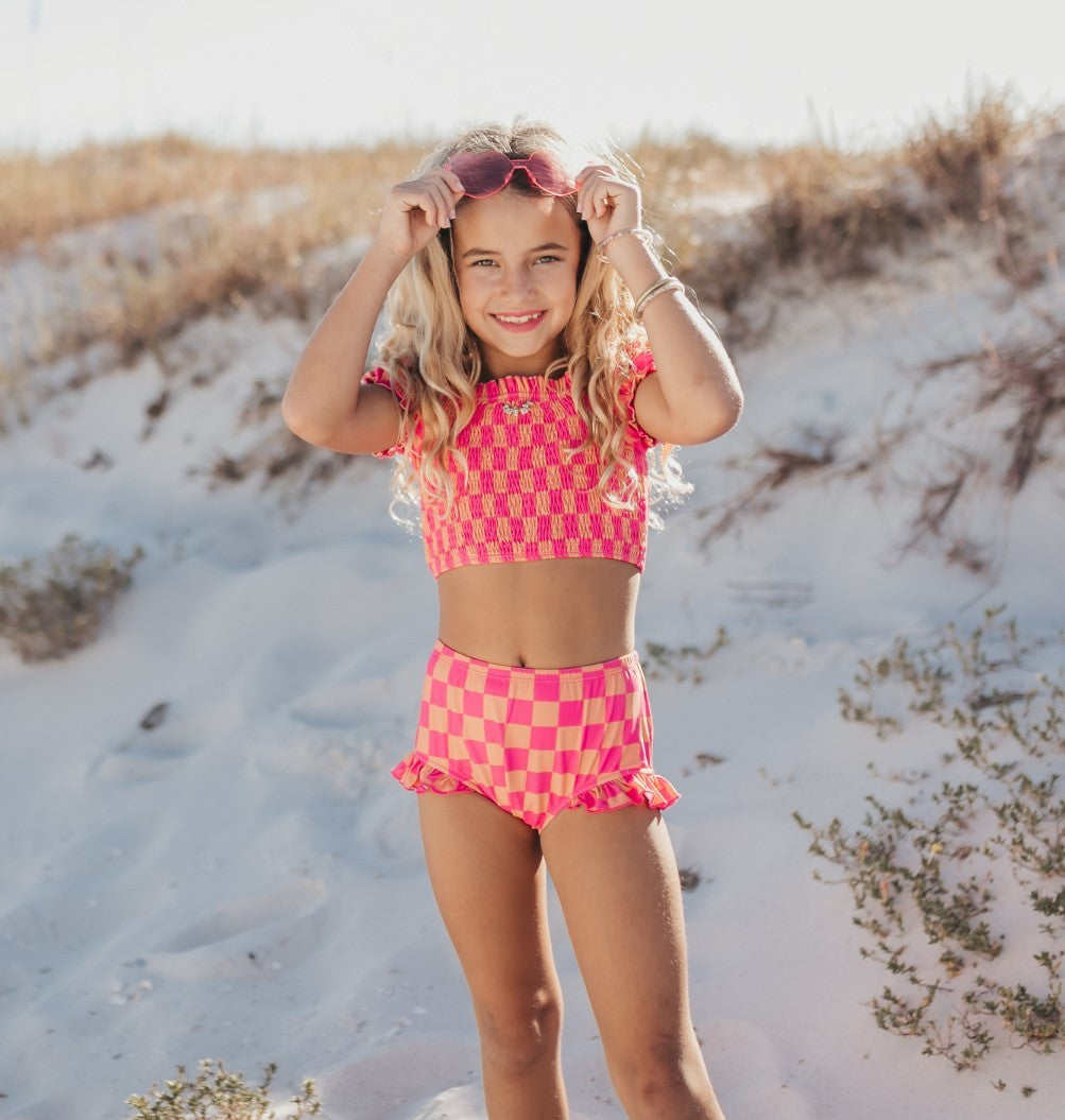 Kids Check Ruched 2 Piece Swimsuit