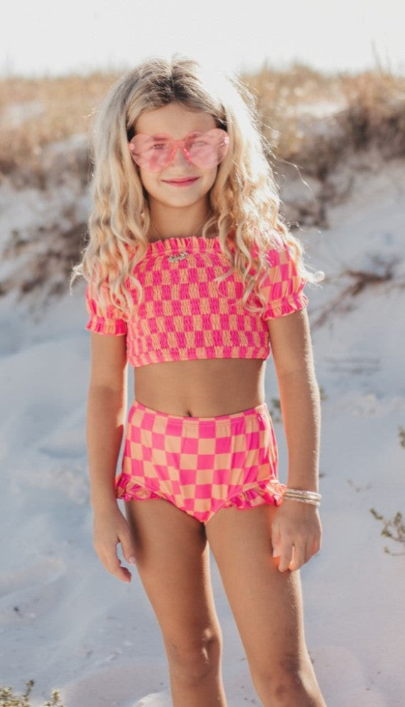 Kids Check Ruched 2 Piece Swimsuit